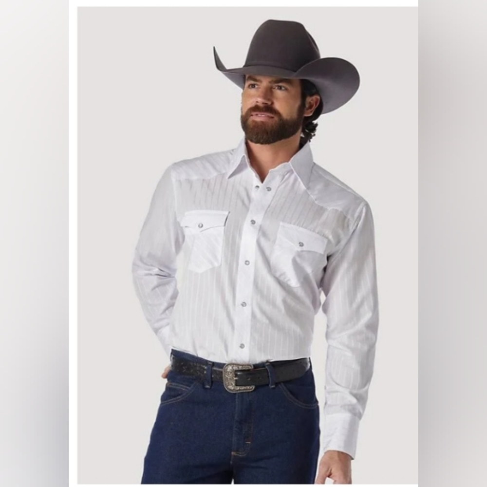 Wrangler Men's Western Long sleeve Snap Dobby stripe shirt Size L/G white